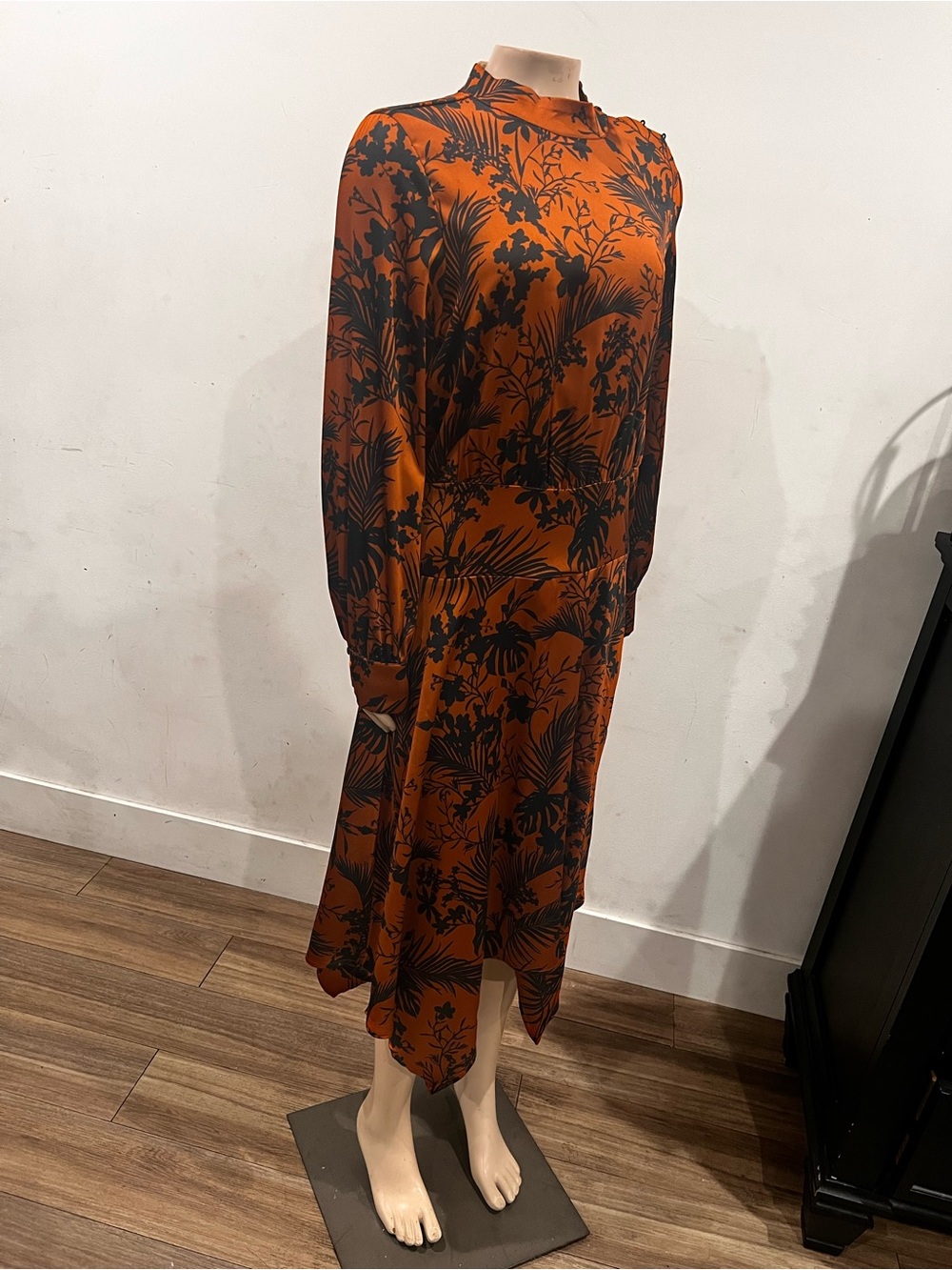 High-Neck Rust Botanical Midi Dress